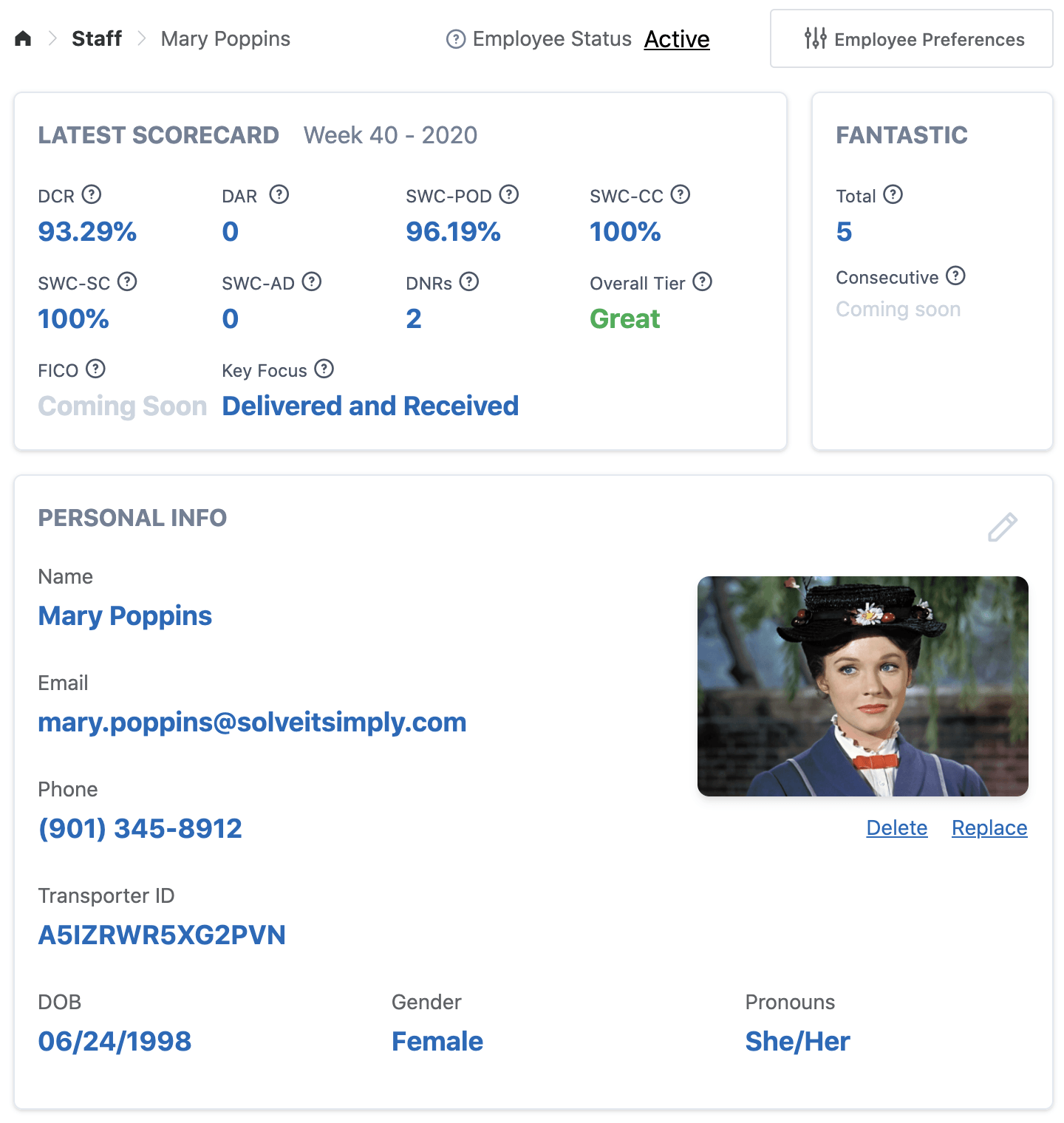 Employee dashboard for Mary Poppins, showing performance metrics, contact information, and a headshot.