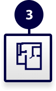 A blue and white icon with a floor plan and the number three.