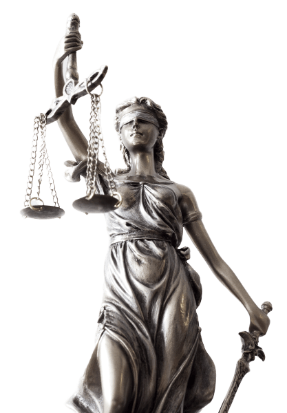 Lady Justice with scales of justice — Elkhart Lake, WI — Pro Se Divorce & Mediation Services S.C. Statue of Lady Justice with scales and sword, blindfolded, set against a white background.