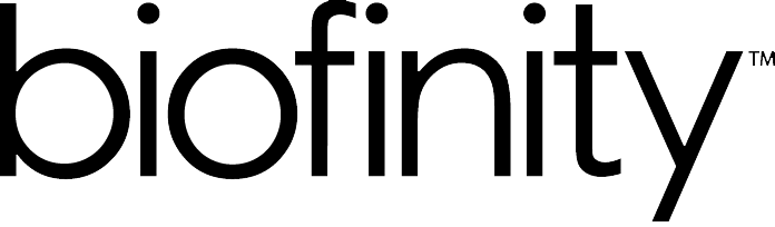 A black and white logo for biofinity on a white background