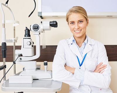 Vision Center — Female Ophthalmologist beside the Slit Lamp Machine in Thornton, CO Vision Center — Female Ophthalmologist beside the Slit Lamp Machine in Thornton, CO