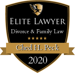 Elite Lawyer badge for Ched H. Peck in Divorce & Family Law, 2020. Features a shield, stars, and a gold banner.