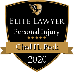 Elite Lawyer badge for Ched H. Peck, Personal Injury, 2020. Black and gold shield with eagle icon and five stars.