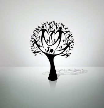 Black tree silhouette made of human figures, symbol of community and connection.
