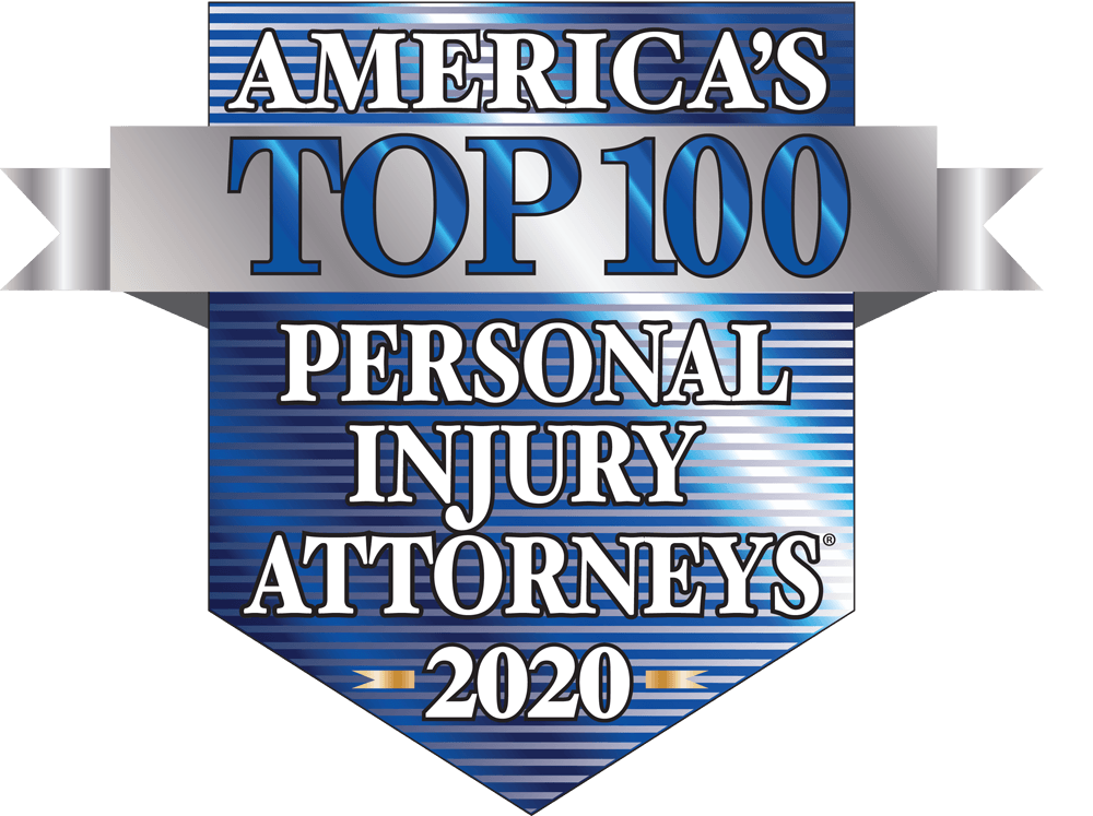 America's Top 100 Personal Injury Attorneys 2020 award logo in blue, silver, and white.