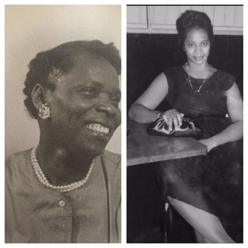 Two black-and-white portraits of a smiling woman, one close-up and one seated at a table.
