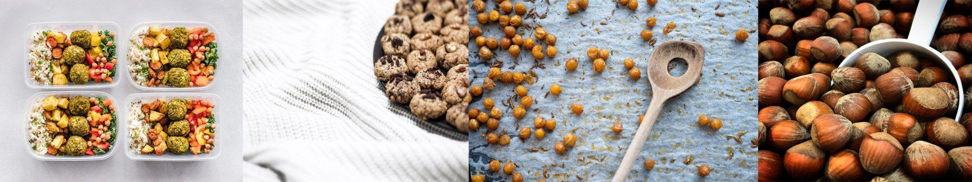 Un collage de trois photos de différents types d'aliments et d'une cuillère en bois.