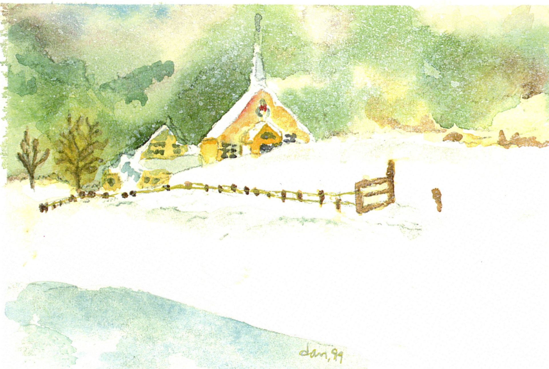 Une aquarelle représentant une église dans la neige