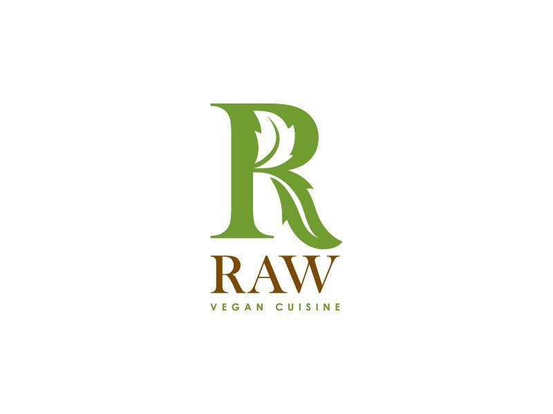 Un logo pour une cuisine végétalienne crue avec une lettre verte r