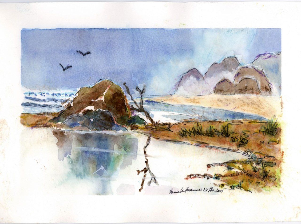 Une aquarelle représentant un lac avec des montagnes en arrière-plan