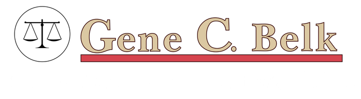 Logo of Gene C. Belk. Scales of justice in a circle. Beige text is underlined by a red bar.
