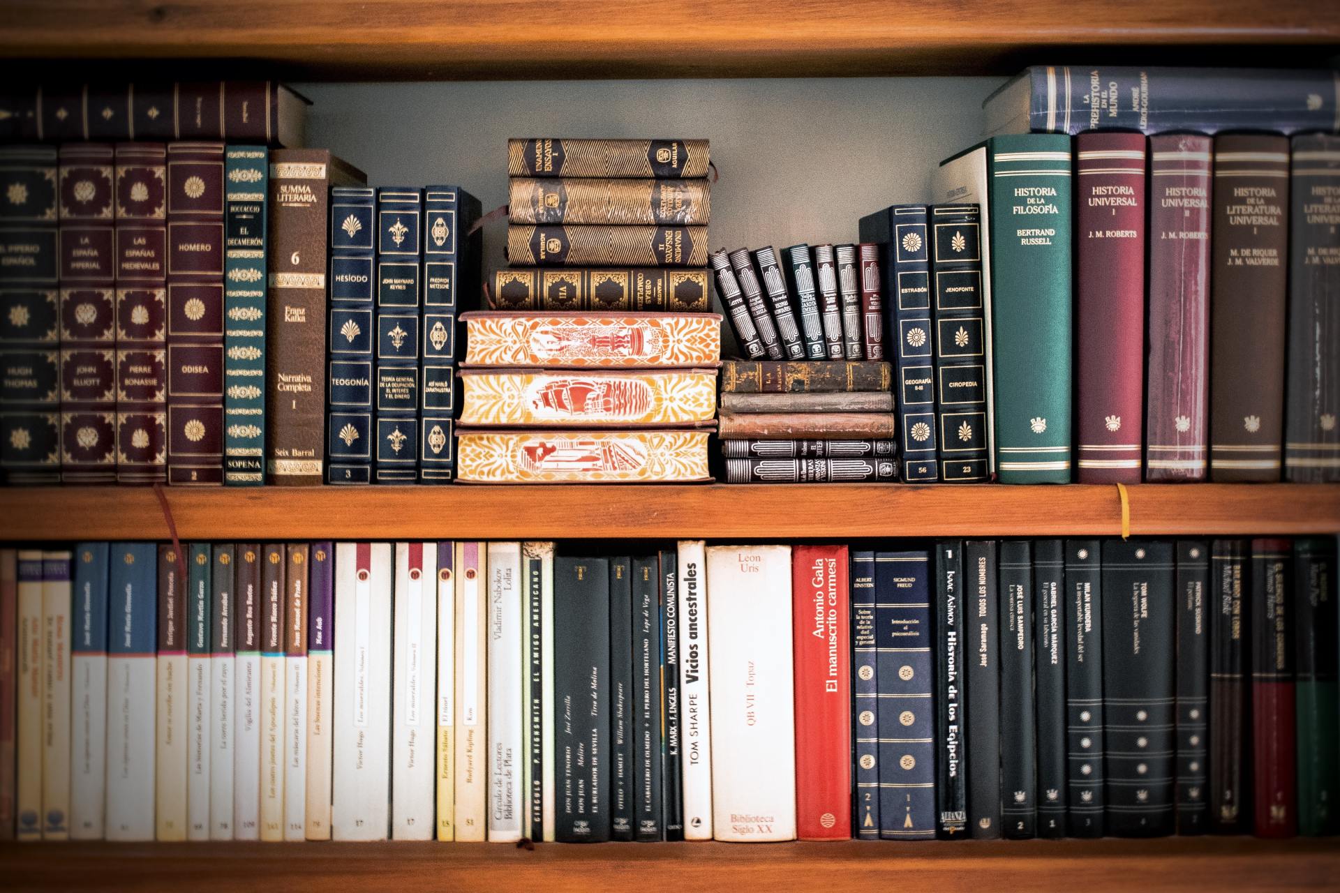 Bookshelves filled with various hardcover books, spanning multiple colors, styles, and sizes.