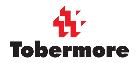 Tobermore logo: Red abstract symbol above the black word