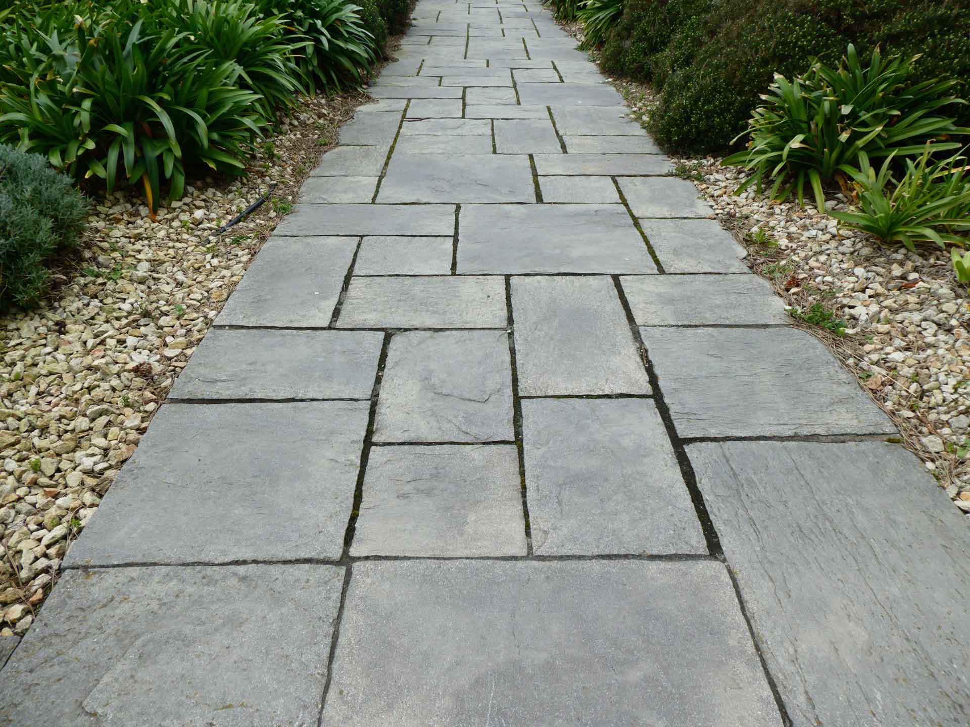 Stone walkway through a garden, lined with plants and gravel.