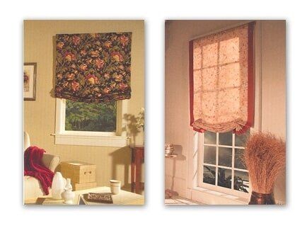 Two pictures of a living room and a window with roman shades