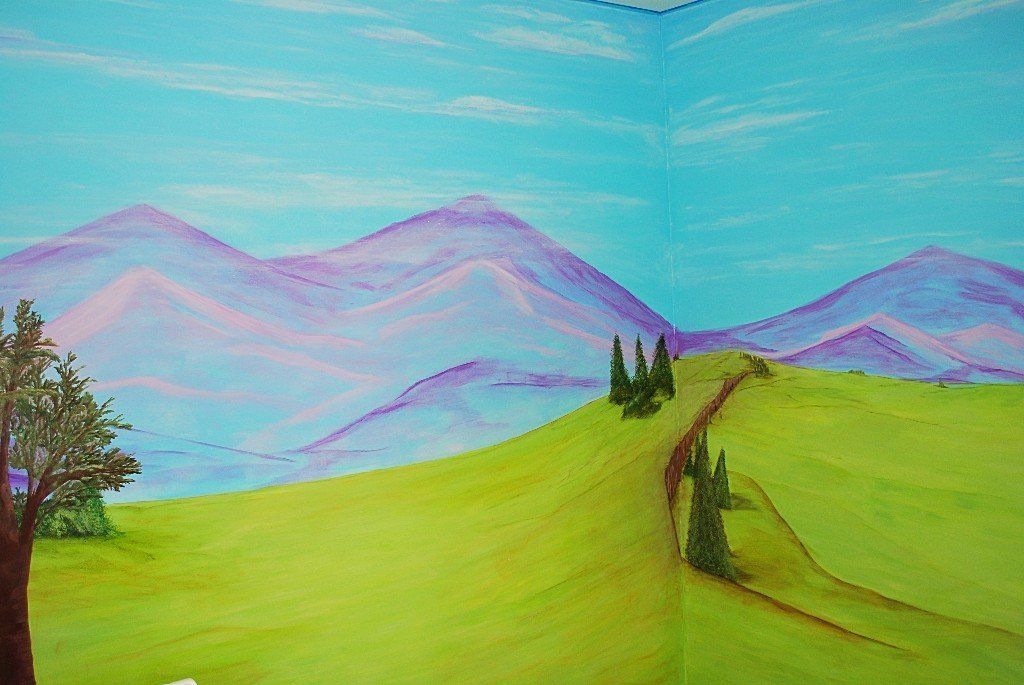 babies mural, scenic mural, mountains, fields, nursery