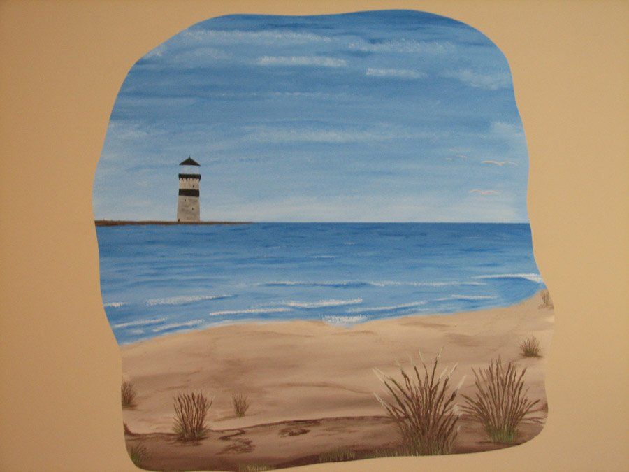 lighthouse mural, beach, ocean waves, home decor