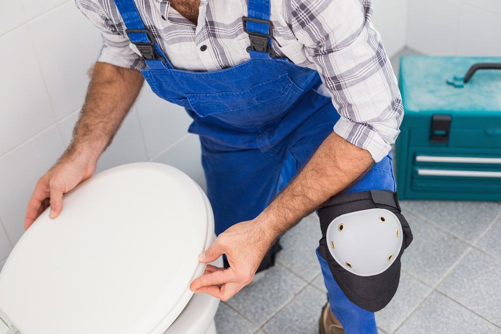 Plumber Installing Lid on Toilet in The Bathroom — DFW Airport, TX — Pipeline Plumber Installing Lid on Toilet in The Bathroom — DFW Airport, TX — Pipeline
