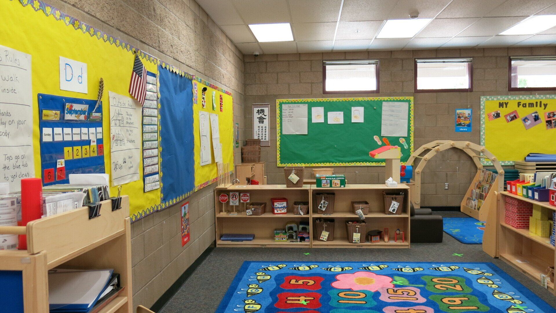 A classroom with a bulletin board that says mathematical
