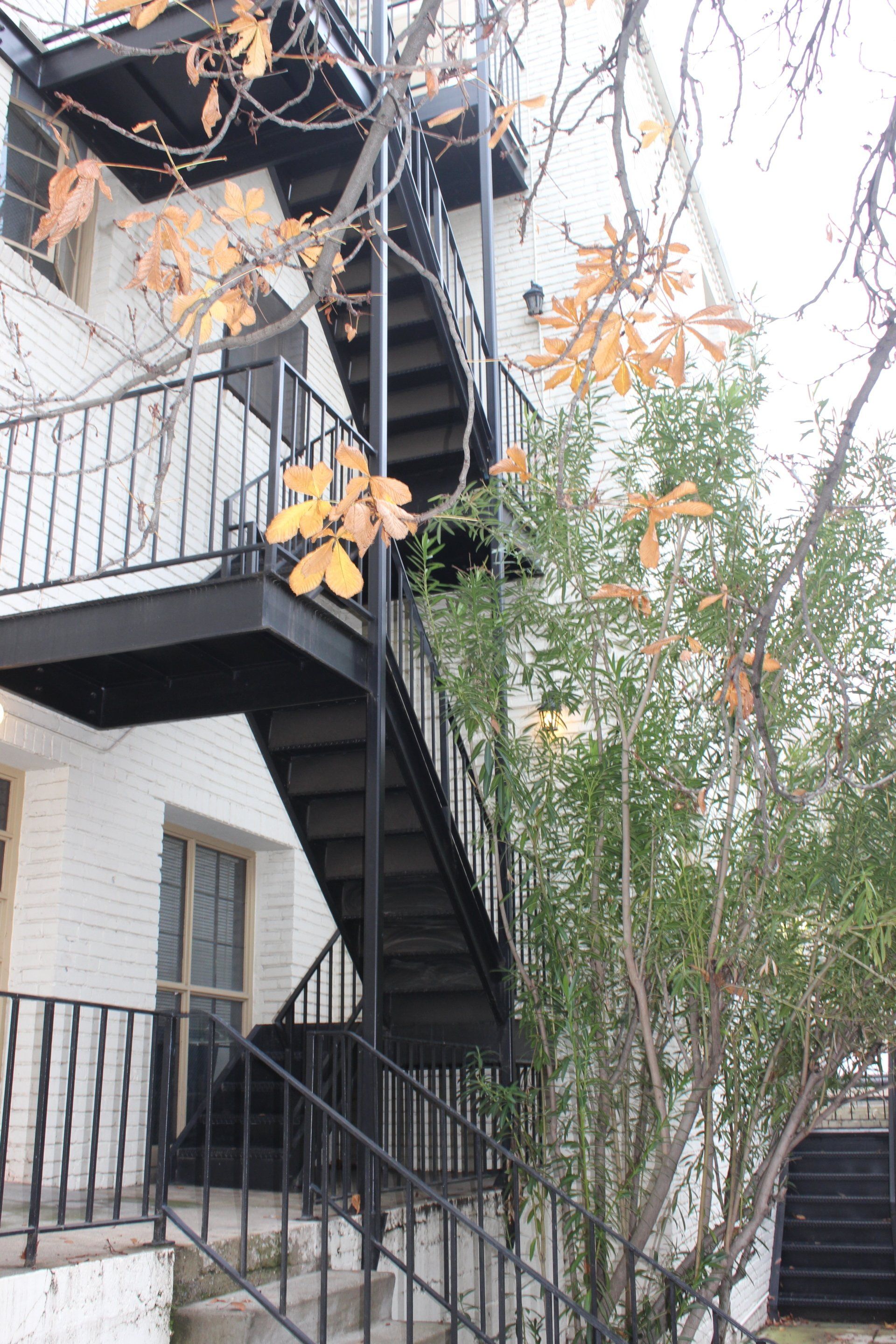 A set of black stairs leading up to a white building