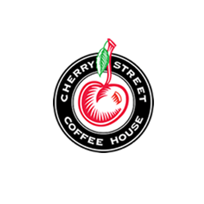 A logo for cherry street coffee house with a cherry in the center