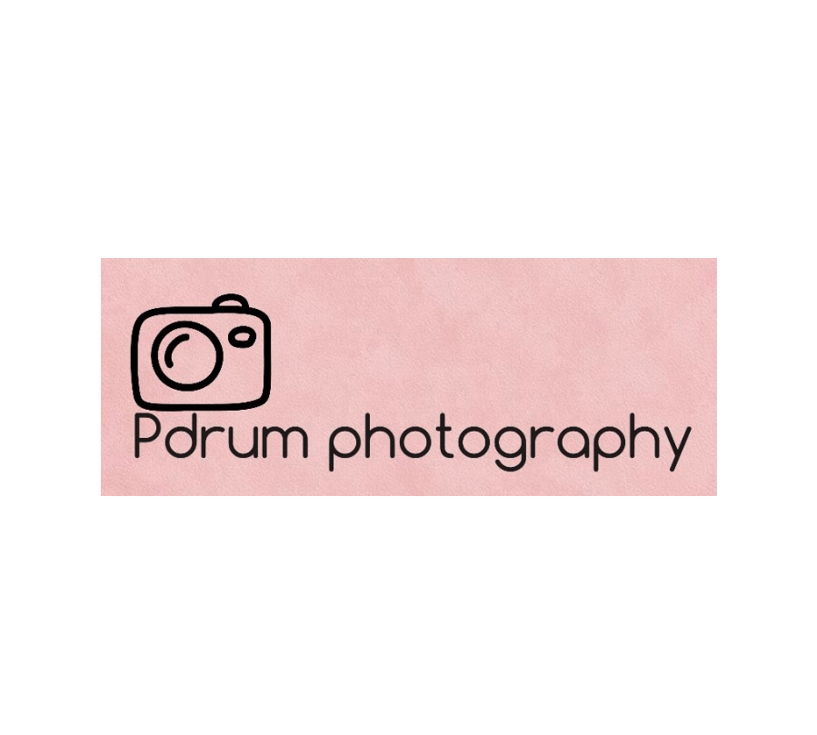 A logo for pdrum photography with a camera on a pink background