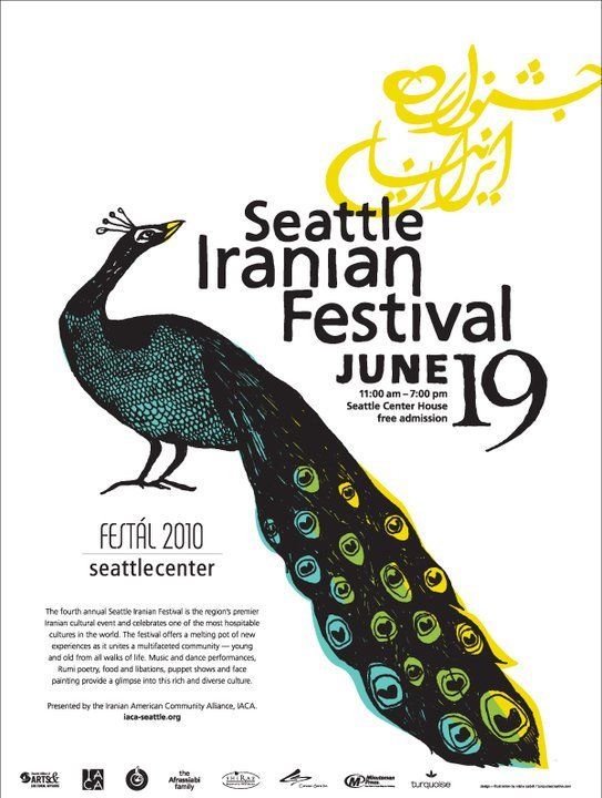 A peacock is on a poster for the seattle iranian festival