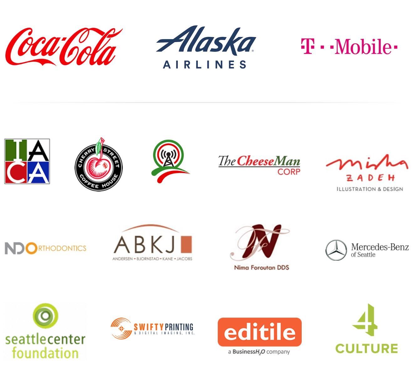 A list of logos including coca cola alaska airlines t mobile and seattle center foundation