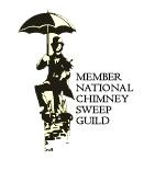 MEMBER NATIONAL CHIMNEY SWEEP GUILD Chimney sweep silhouette holding umbrella, text: Member National Chimney Sweep Guild.