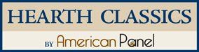 Logo for Hearth Classics by American Panel. Dark blue border, beige background, navy text.