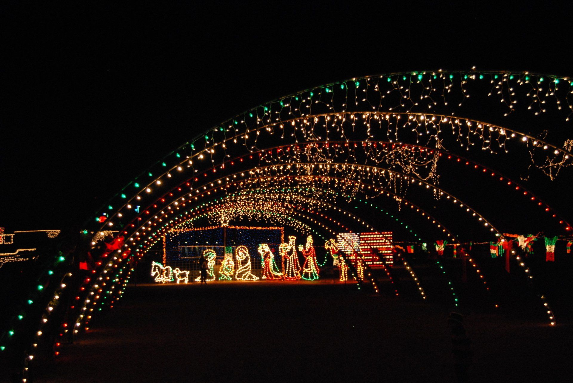 Archway of Christmas lights leading to a nativity scene, with a dark sky backdrop.