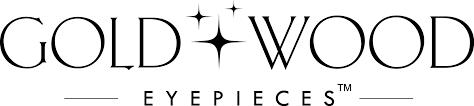 Gold + Wood Eyepieces logo with stylized stars.
