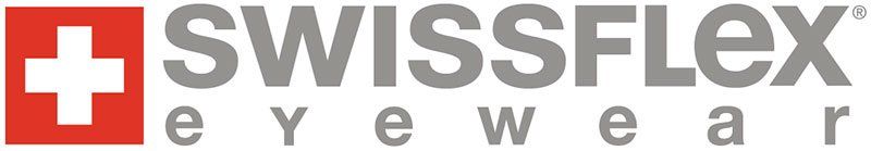 Logo for SwissFlex eyewear, featuring a red square with a white cross and 