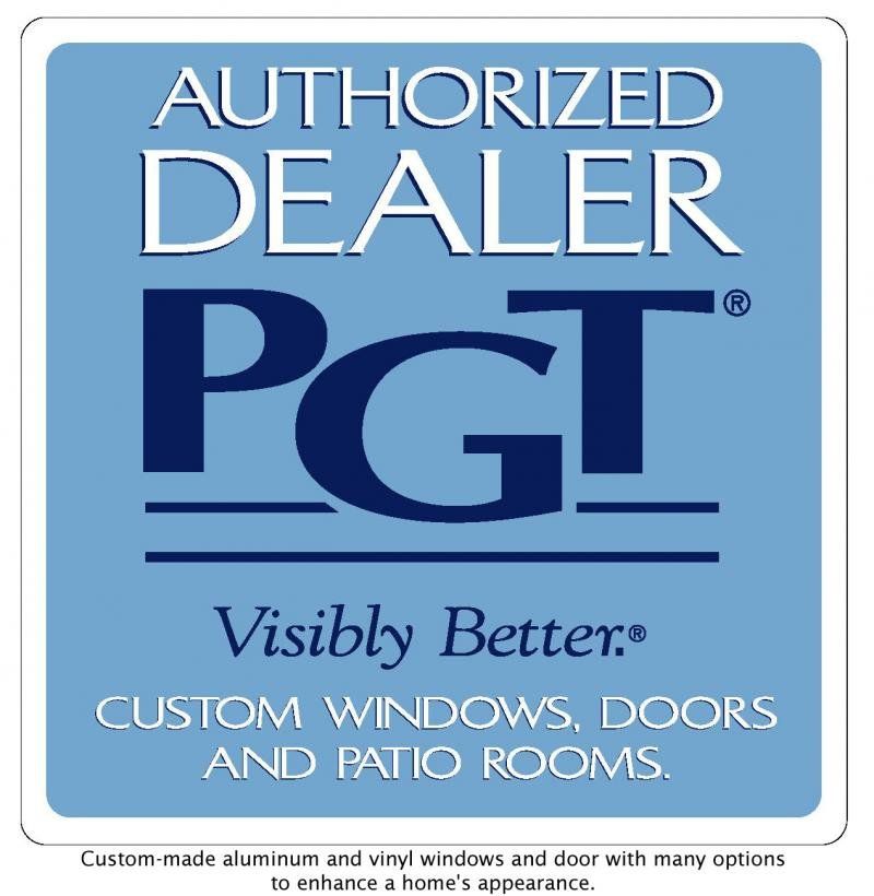 Authorized PGT Dealer logo: blue square with white text 