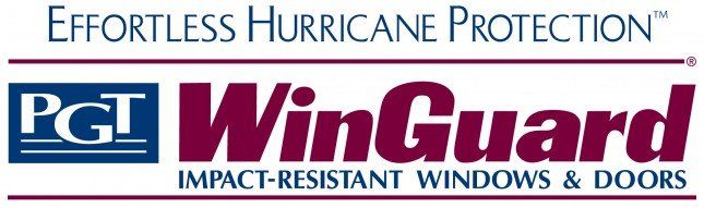 Logo for PGT WinGuard, burgundy text on white with blue 