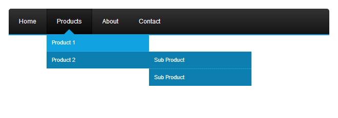 A black and blue website header with a blue arrow pointing to product 1