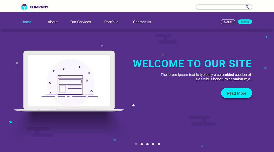 A welcome to our site landing page with a laptop on a purple background.