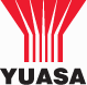 Logo per Yuasa, caratterizzato da linee verticali rosse che convergono verso l'alto sopra la scritta nera 