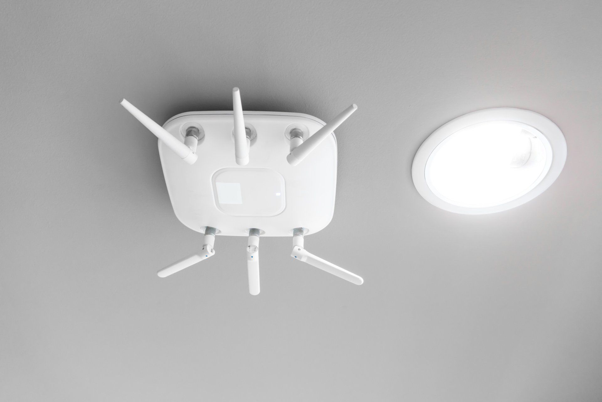 A white router is hanging from the ceiling next to a light.