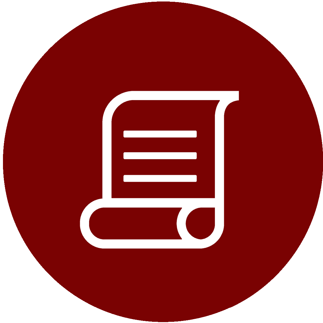 A white icon of a scroll in a red circle.