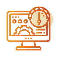 A computer monitor with gears and a speedometer on it.