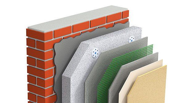 Un muro di mattoni con diversi strati di isolamento.