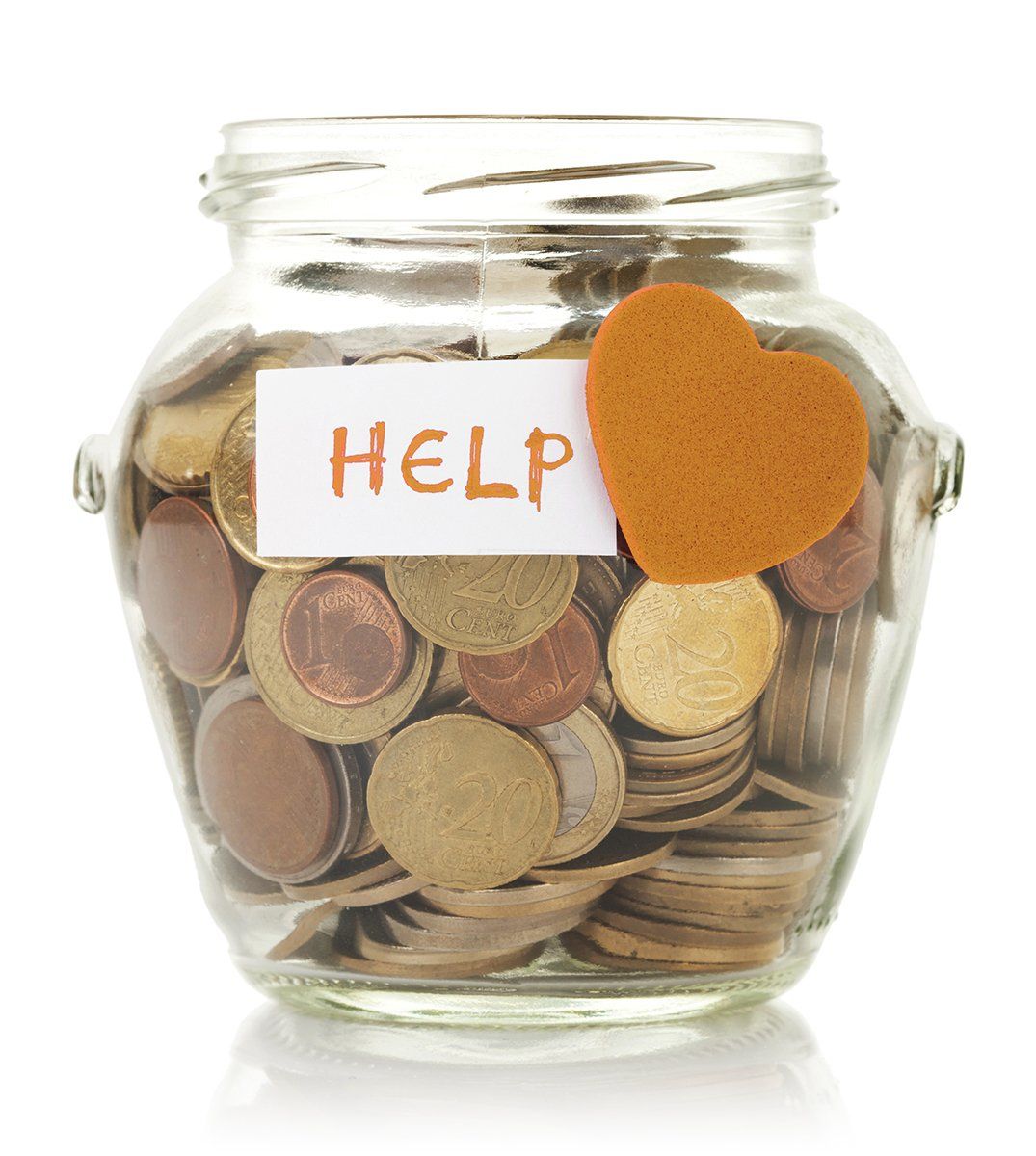 A jar of money with help written on the side