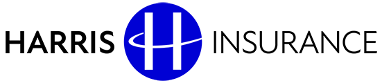 The logo for harris insurance is blue and white.