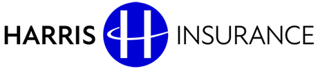 The logo for harris insurance is blue and white.