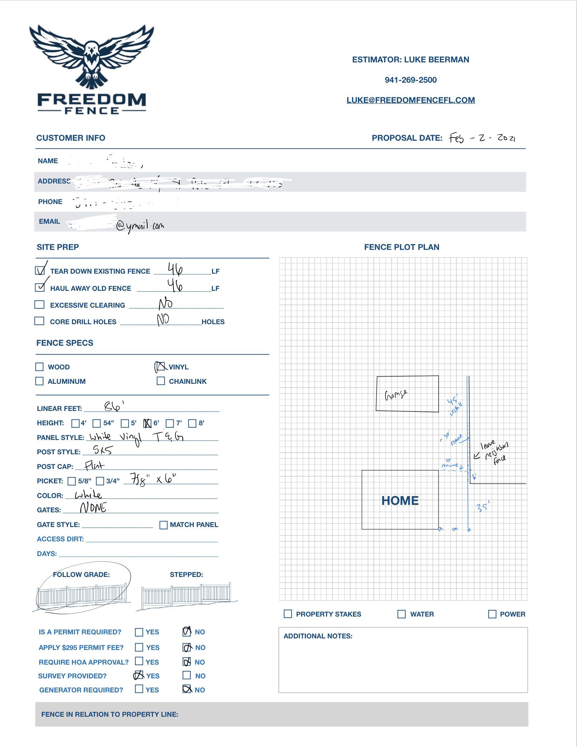 freedom fence pricing, freedom fence sample quote