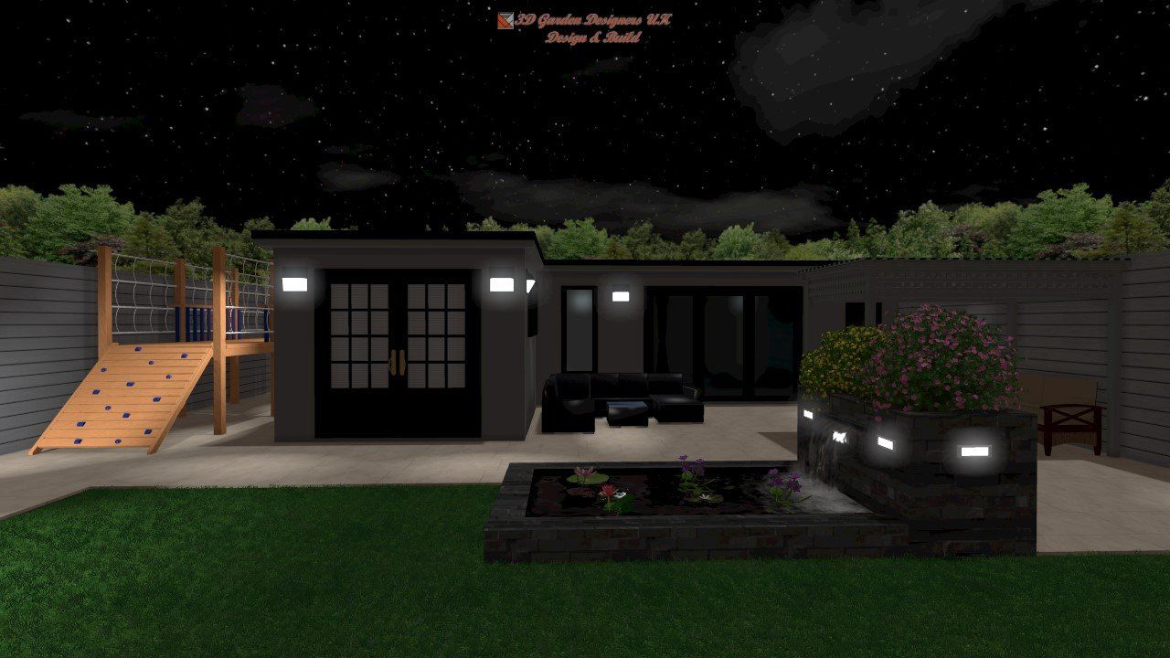 A computer generated image of a house at night.
