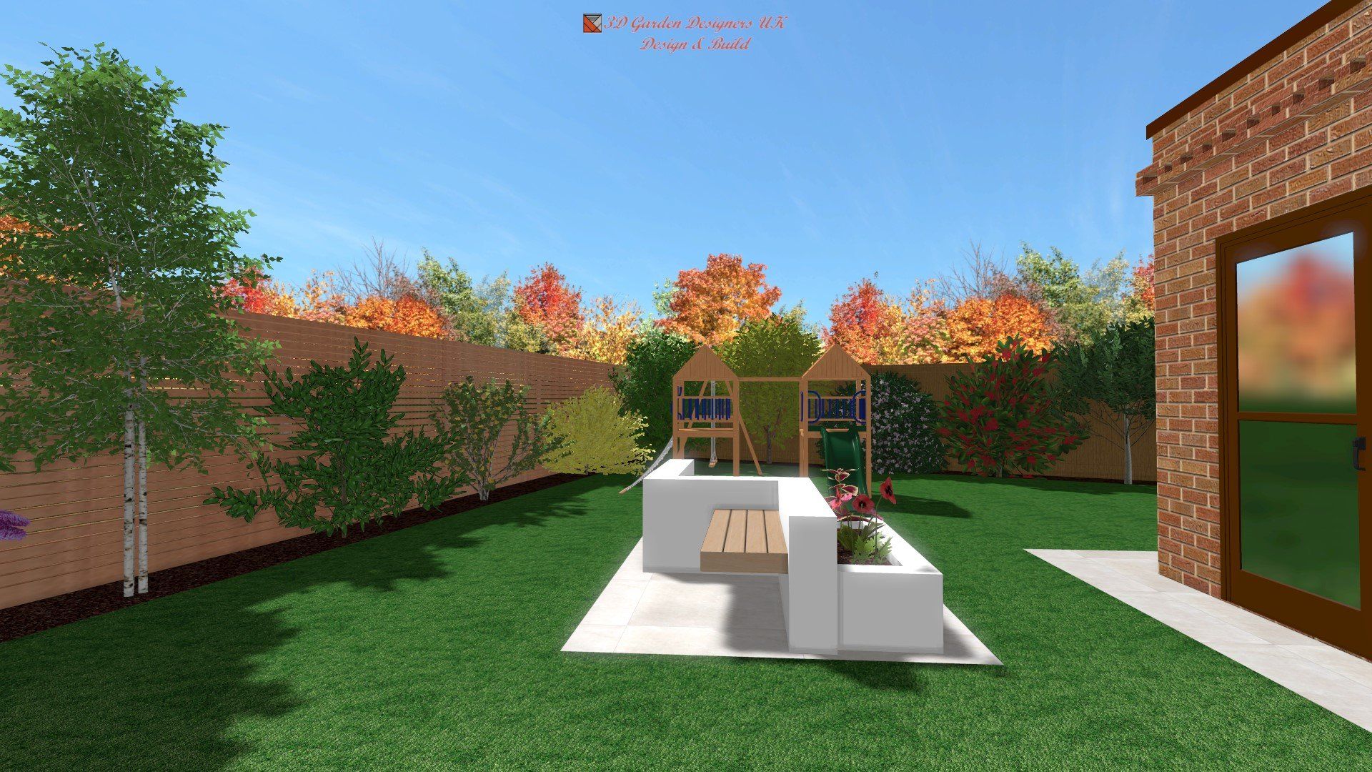 A computer generated image of a backyard with a brick building in the background