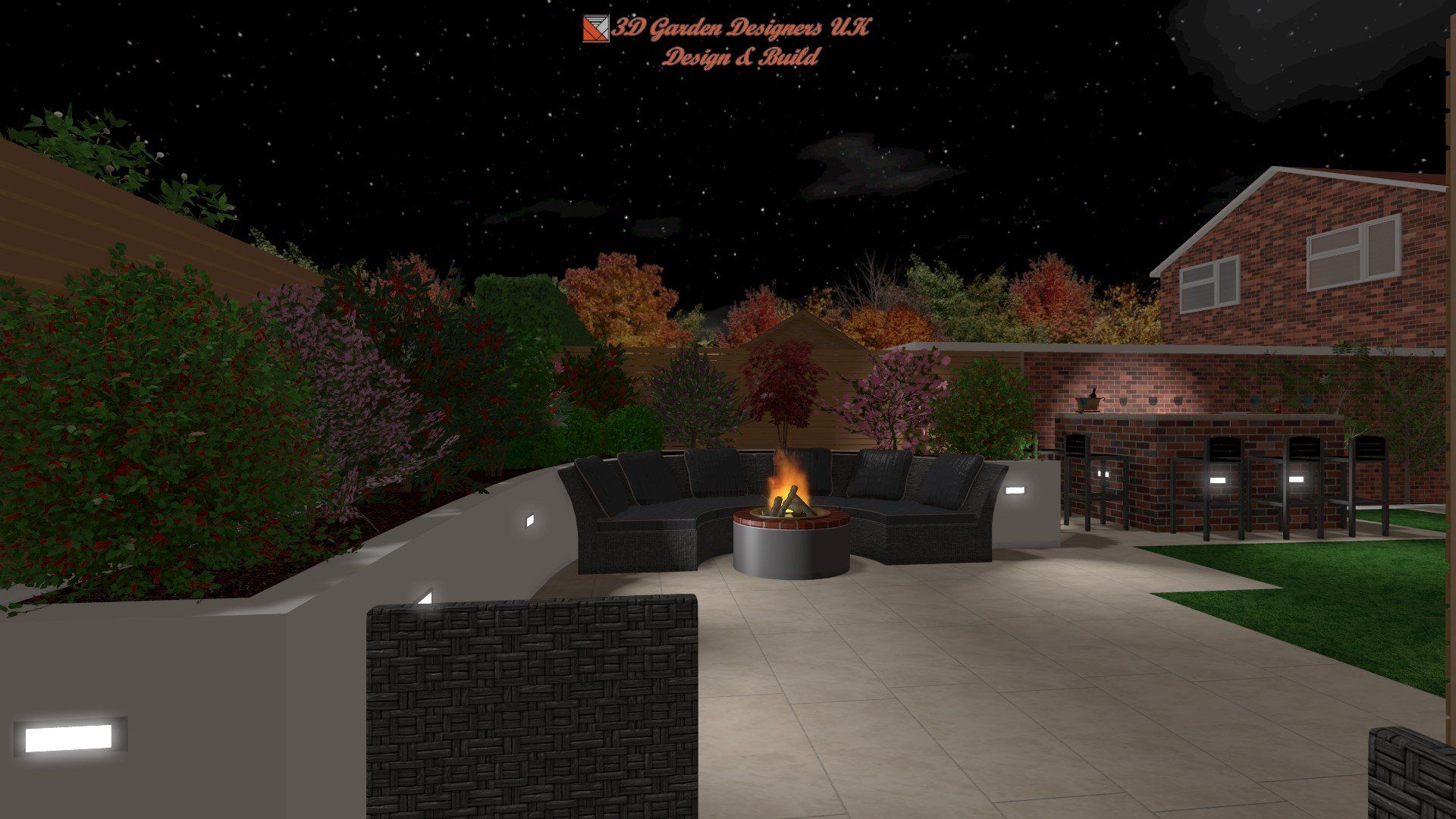A computer generated image of a backyard with a fire pit and a couch.