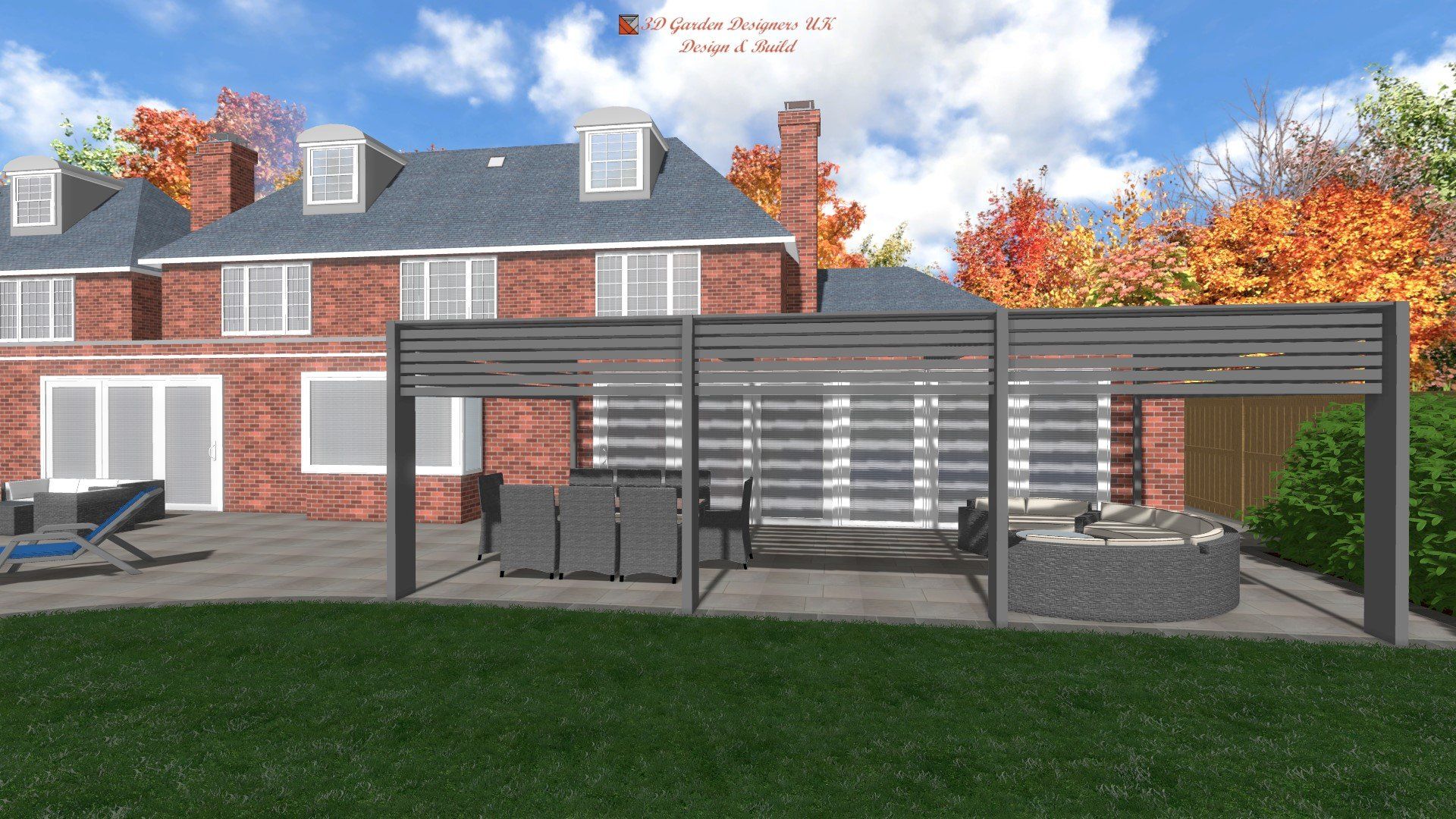 A computer generated image of a brick house with a pergola